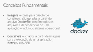 Conceitos Fundamentais
• Imagens → base para criação de
containers, são geradas a partir do
arquivo Dockerfile; contêm todos os
arquivos e dependências de uma
aplicação – incluindo sistema operacional
• Containers → criados a partir de imagens
para a execução de uma aplicação
(serviço, site, API)
 