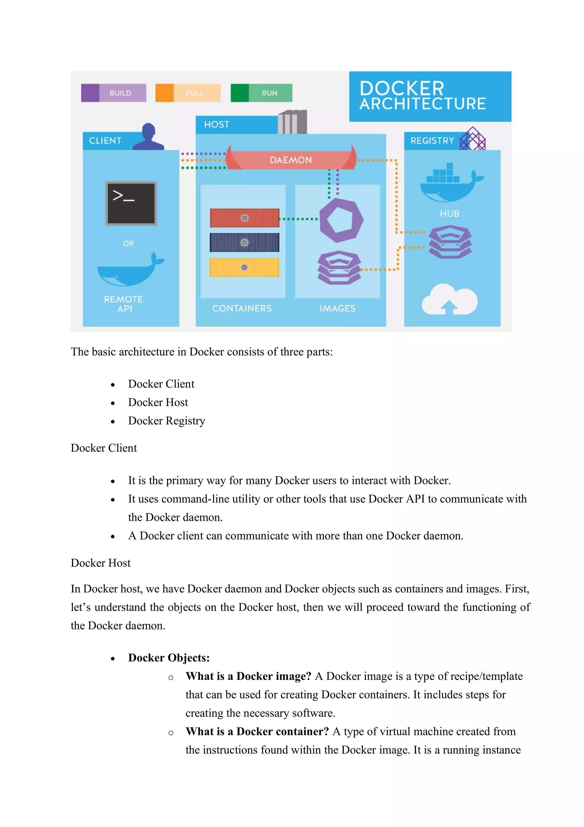 The basic architecture in Docker consists of three parts:
• Docker Client
• Docker Host
• Docker Registry
Docker Client
• It is the primary way for many Docker users to interact with Docker.
• It uses command-line utility or other tools that use Docker API to communicate with
the Docker daemon.
• A Docker client can communicate with more than one Docker daemon.
Docker Host
In Docker host, we have Docker daemon and Docker objects such as containers and images. First,
let’s understand the objects on the Docker host, then we will proceed toward the functioning of
the Docker daemon.
• Docker Objects:
o What is a Docker image? A Docker image is a type of recipe/template
that can be used for creating Docker containers. It includes steps for
creating the necessary software.
o What is a Docker container? A type of virtual machine created from
the instructions found within the Docker image. It is a running instance
 