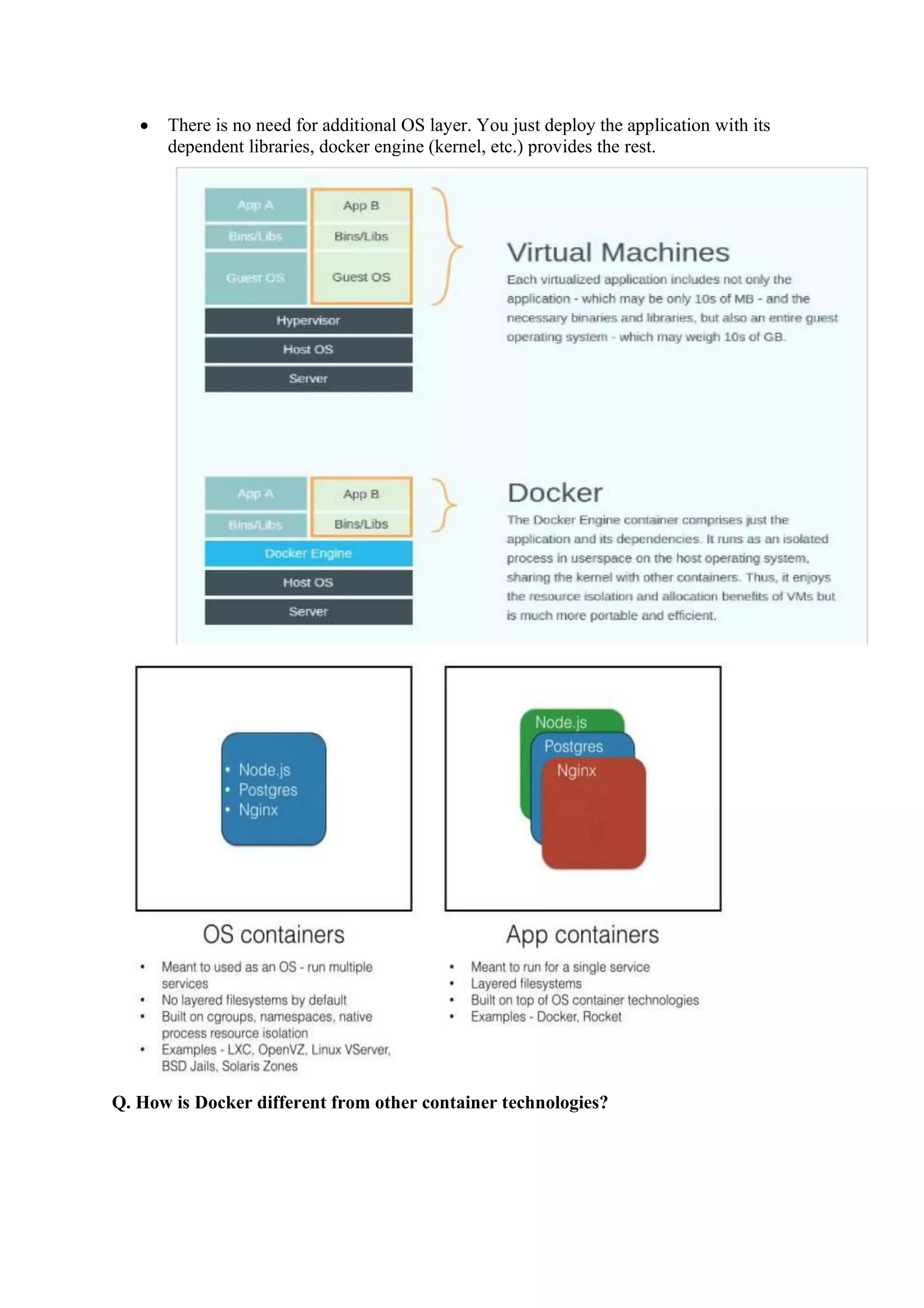 • There is no need for additional OS layer. You just deploy the application with its
dependent libraries, docker engine (kernel, etc.) provides the rest.
Q. How is Docker different from other container technologies?
 