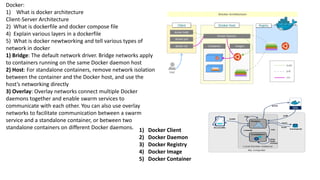Docker:
1) What is docker architecture
Client-Server Architecture
2) What is dockerfile and docker compose file
4) Explain various layers in a dockerfile
5) What is docker newtworking and tell various types of
network in docker
1) Bridge: The default network driver. Bridge networks apply
to containers running on the same Docker daemon host
2) Host: For standalone containers, remove network isolation
between the container and the Docker host, and use the
host’s networking directly
3) Overlay: Overlay networks connect multiple Docker
daemons together and enable swarm services to
communicate with each other. You can also use overlay
networks to facilitate communication between a swarm
service and a standalone container, or between two
standalone containers on different Docker daemons. 1) Docker Client
2) Docker Daemon
3) Docker Registry
4) Docker Image
5) Docker Container
 