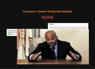 Compose + Swarm Production Ready?
NOPE
https://github.com/docker/compose/issues/2866
 