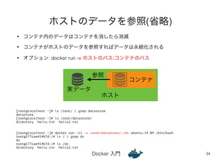 ホストのデータを参照(省略) 
• コンテナ内のデータはコンテナを消したら消滅 
• コンテナがホストのデータを参照すればデータは永続化される 
• オプション: docker run -v ホストのパス:コンテナのパス 
参照 
ホスト 
Docker 入門 
34 
実データ 
[root@localhost ~]# ls /root/ | grep datastore 
datastore 
[root@localhost ~]# ls /root/datastore/ 
directory hello.txt hello2.txt 
!! 
コンテナ 
[root@localhost ~]# docker run -ti -v /root/datastore/:/ds ubuntu:14.04 /bin/bash 
root@177cae414b7d:/# ls / | grep ds 
ds 
root@177cae414b7d:/# ls /ds 
directory hello.txt hello2.txt 
 