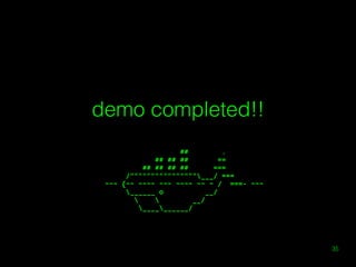 demo completed!! 
! 
Docker 入門 
35 
## . 
## ## ## == 
## ## ## ## === 
/""""""""""""""""___/ === 
~~~ {~~ ~~~~ ~~~ ~~~~ ~~ ~ / ===- ~~~ 
______ o __/ 
  __/ 
__________/ 
 