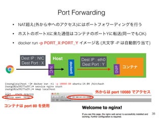 Port Forwarding 
• NAT超え(外から中へのアクセス)にはポートフォワーディングを行う 
• ホストのポートXに来た通信はコンテナのポートYに転送(同一でもOK) 
• docker run -p PORT_X:PORT_Y イメージ名 (大文字 -P は自動割り当て) 
Docker 入門 
38 
コンテナ 
Host 
NIC 
eth0 
docker0 
Dest IP : NIC 
Dest Port : X 
Dest IP : eth0 
Dest Port : Y 
[root@localhost ~]# docker run -ti -p 10080:80 ubuntu:14.04 /bin/bash 
root@102a39277af9:/# service nginx start 
root@102a39277af9:/# nmap localhost 
... 
PORT STATE SERVICE 
80/tcp open http 
... 
コンテナは port 80 を使用 
外からは port 10080 でアクセス 
 