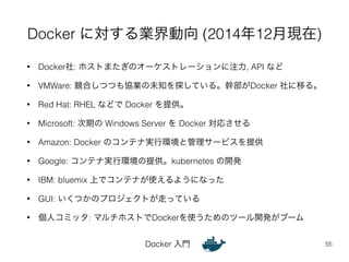 Docker に対する業界動向 (2014年12月現在) 
• Docker社: ホストまたぎのオーケストレーションに注力, API など 
• VMWare: 競合しつつも協業の未知を探している。幹部がDocker 社に移る。 
• Red Hat: RHEL などで Docker を提供。 
• Microsoft: 次期の Windows Server を Docker 対応させる 
• Amazon: Docker のコンテナ実行環境と管理サービスを提供 
• Google: コンテナ実行環境の提供。kubernetes の開発 
• IBM: bluemix 上でコンテナが使えるようになった 
• GUI: いくつかのプロジェクトが走っている 
• 個人コミッタ: マルチホストでDockerを使うためのツール開発がブーム 
Docker 入門 
55 
 