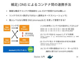 補足) DNS によるコンテナ間の連携手法 
• 複雑な構成でコンテナ間接続を Link だけで実現するのは難しい 
• リンクでホスト跨ぎもできない (通常はオーケストレーションで) 
• 個人レベルなら簡易 DNS (dnsmasqなど) を使って管理できる? 
(1) DNS参照とコンテナ名の設定をして立ち上げ 
(2) コンテナ名から inspect して IP を取得 
address=/test.docker/172.17.0.53 
service dnsmasq restart 
Docker 入門 
58 
App! 
Server 
DB1! 
Primary 
DB2! 
Secondary 
DNS 
docker run -d -dns 172.17.42.1 -name web WEB_IMAGE 
docker run -d -dns 172.17.42.1 -name app APP_IMAGE 
docker run -d -dns 172.17.42.1 -name db DB_IMAGE 
docker0 (172.17.42.1) 
docker inspect -f '{{ .NetworkSettings.IPAddress }}' NAME 
IP_ADDRESS 
(3) コンテナ名と IP の組み合わせをDNS登録 
(4) コンテナ間の通信はドメイン・ネームで行う 
(動的に割り当てられるIPに非依存) 
App! 
Server 
リンク可 
双方向は 
リンク不可 
 