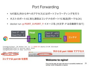 Port Forwarding 
• NAT超え(外から中へのアクセス)にはポートフォワーディングを行う 
• ホストのポートXに来た通信はコンテナのポートYに転送(同一でもOK) 
• docker run -p PORT_X:PORT_Y ...
