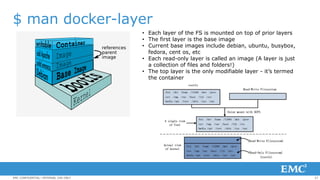 27EMC CONFIDENTIAL—INTERNAL USE ONLY
$ man docker-layer
• Each layer of the FS is mounted on top of prior layers
• The first layer is the base image
• Current base images include debian, ubuntu, busybox,
fedora, cent os, etc
• Each read-only layer is called an image (A layer is just
a collection of files and folders!)
• The top layer is the only modifiable layer - it’s termed
the container
 