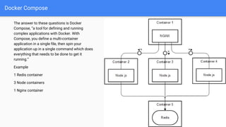 Docker Compose
The answer to these questions is Docker
Compose, “a tool for defining and running
complex applications with Docker. With
Compose, you define a multi-container
application in a single file, then spin your
application up in a single command which does
everything that needs to be done to get it
running.”
Example
1 Redis container
3 Node containers
1 Nginx container
 