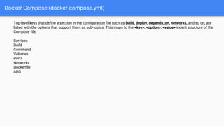 Top-level keys that define a section in the configuration file such as build, deploy, depends_on, networks, and so on, are
listed with the options that support them as sub-topics. This maps to the <key>: <option>: <value> indent structure of the
Compose file.
Services
Build
Command
Volumes
Ports
Networks
Dockerfile
ARG
Docker Compose (docker-compose.yml)
 