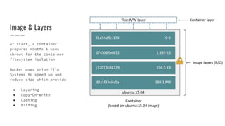 Image & Layers
At start, a container
prepares rootfs & uses
chroot for the container
filesystem isolation
Docker uses Union File
Systems to speed up and
reduce size which provide:
● Layering
● Copy-On-Write
● Caching
● Diffing
 