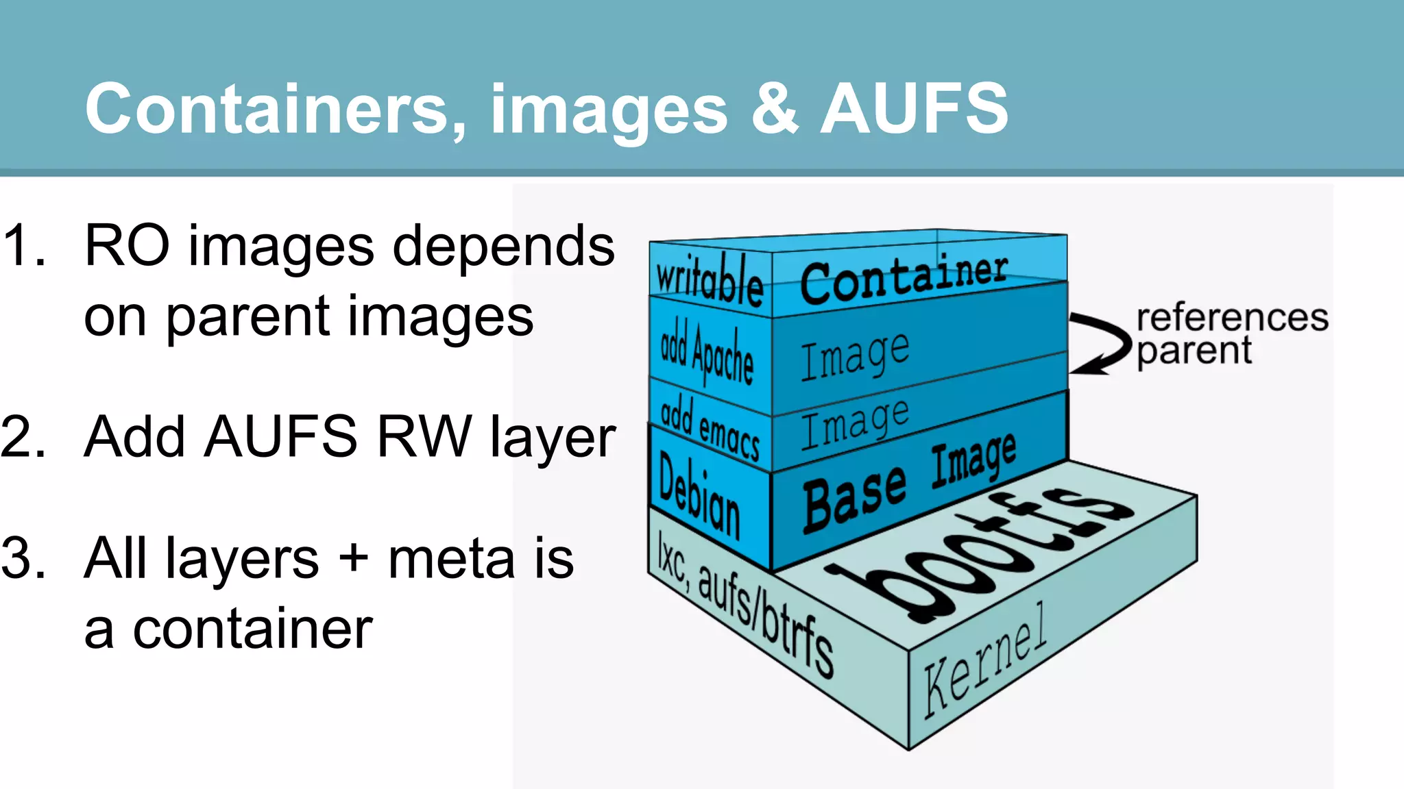 Containers, images & AUFS

1. RO images depends
on parent images

2. Add AUFS RW layer

3. All layers + meta is
a container

 