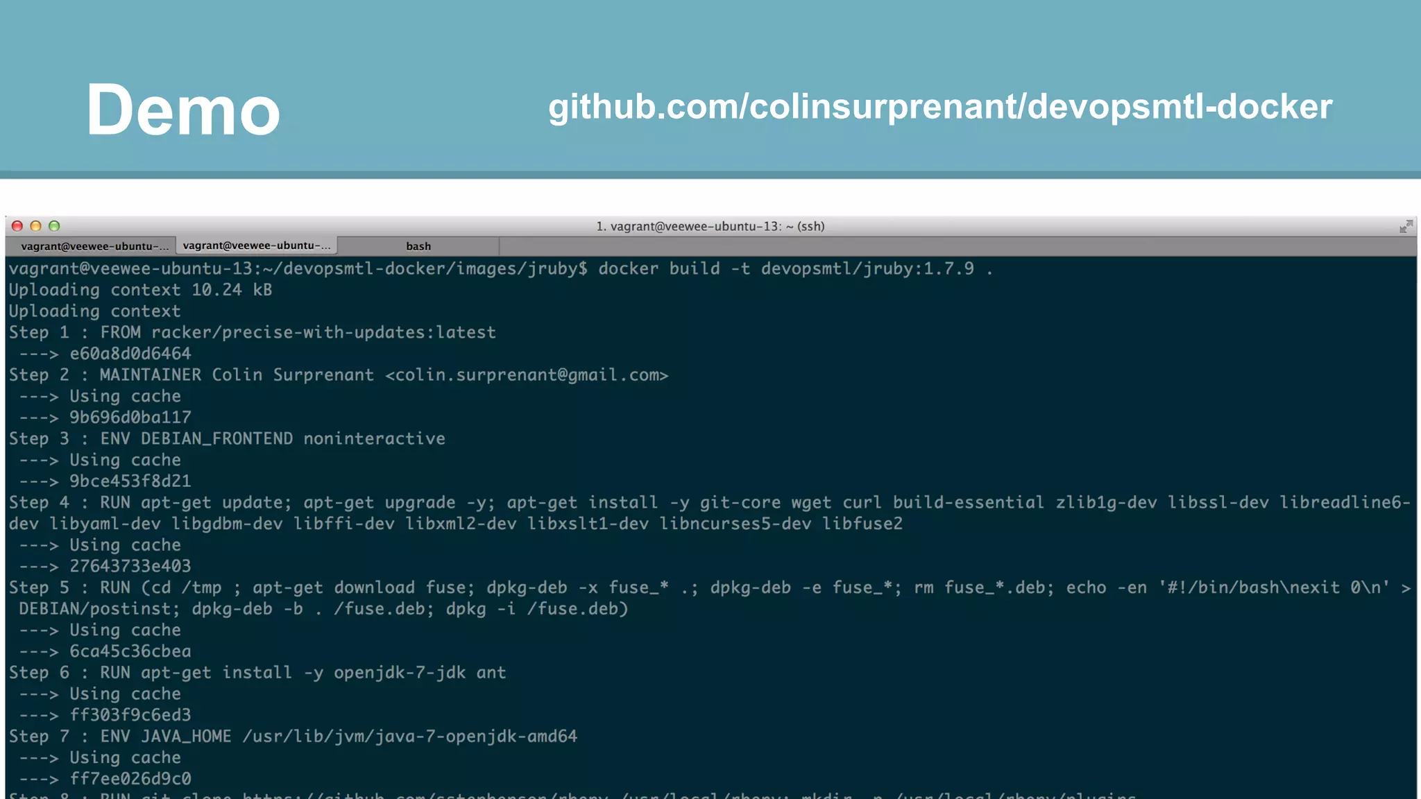 Demo

github.com/colinsurprenant/devopsmtl-docker

 