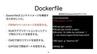 Dockerﬁle
• Dockerﬁleはコンテナイメージを構築す
るためのレシピ。
• FROMでベースイメージを宣言する。
• RUNでアプリケーションセットアッ
プ用のコマンドを宣言する。
• CMDで実行コマンドを宣言する。
• EXPOSEで開放ポートを宣言する。
54
# vim Dockerfile
FROM ubuntu:14.04
RUN apt-get update
RUN apt-get install -y nginx
RUN echo ‘Hi, hello my container’ / 
> /usr/share/nginx/html/index.html
CMD nginx -g “daemon off”
EXPOSE 80
典型的なDockerﬁleのサンプル
 