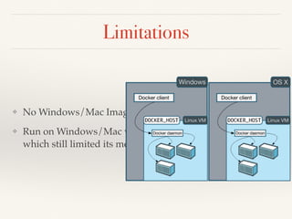 Limitations
❖ No Windows/Mac Image and Container for now
❖ Run on Windows/Mac will launch another ubuntu VM
which still limited its memory and CPU
 