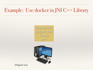 Example: Use docker in JNI C++ Library
Original way
Ubuntu 15.01  
Android NDK 
Cmake 
g++
 