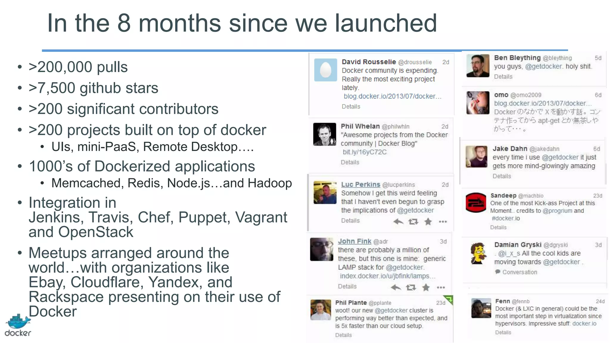 In the 8 months since we launched
•
•
•
•

>200,000 pulls
>7,500 github stars
>200 significant contributors
>200 projects built on top of docker
• UIs, mini-PaaS, Remote Desktop….

• 1000’s of Dockerized applications
• Memcached, Redis, Node.js…and Hadoop

• Integration in
Jenkins, Travis, Chef, Puppet, Vagrant
and OpenStack
• Meetups arranged around the
world…with organizations like
Ebay, Cloudflare, Yandex, and
Rackspace presenting on their use of
Docker

 