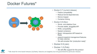 Docker Futures*
• Docker 0.7 (current release)
•
•
•
•

LXC

Docker 0.1-0.6
AUFS

Docker
0.8+

Fedora compatibility
Reduce kernel dependencies
Device mapper
Container linking

• Docker 0.8 (Dec)
•
•
•
•
•

Shrink and stabilize Core
Provide stable, pluggable API
RHEL compatibility
Nested containers
Beam: Introspection API based on
Redis
• expand snapshot management features
for data volumes
• We will consider this ―production ready‖

• Docker 0.9 (Jan)
• Docker 1.0 (Feb)
• We will offer support for this product
* We shoot for time based releases (1x/5wks), features are targeted, but not guaranteed for particular releases

 
