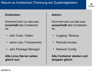 docker.io 12
Warum es funktioniert (Trennung der Zuständigkeiten)
Entwickler:
Kümmert sich um das was
innerhalb des Containers
ist:
●
sein Code / Daten
●
seine Libs / Frameworks
●
sein Package Manager
Alle Linux Server sehen
gleich aus
Admin:
Kümmert sich um das was
ausserhalb des Containers
ist:
●
Logging / Backup
●
Remote Access
●
Network Config
Alle Container starten und
stoppen gleich
 