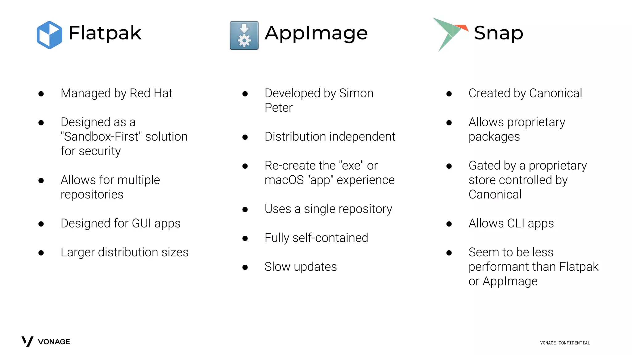 VONAGE CONFIDENTIAL
Flatpak
● Created by Canonical
● Allows proprietary
packages
● Gated by a proprietary
store controlled by
Canonical
● Allows CLI apps
● Seem to be less
performant than Flatpak
or AppImage
AppImage Snap
● Developed by Simon
Peter
● Distribution independent
● Re-create the "exe" or
macOS "app" experience
● Uses a single repository
● Fully self-contained
● Slow updates
● Managed by Red Hat
● Designed as a
"Sandbox-First" solution
for security
● Allows for multiple
repositories
● Designed for GUI apps
● Larger distribution sizes
 