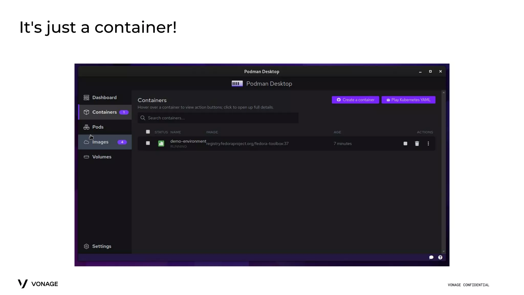 VONAGE CONFIDENTIAL
It's just a container!
 