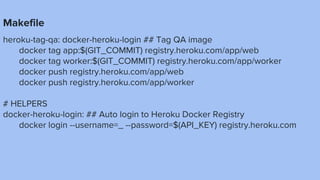 Makefile
heroku-tag-qa: docker-heroku-login ## Tag QA image
docker tag app:$(GIT_COMMIT) registry.heroku.com/app/web
docker tag worker:$(GIT_COMMIT) registry.heroku.com/app/worker
docker push registry.heroku.com/app/web
docker push registry.heroku.com/app/worker
# HELPERS
docker-heroku-login: ## Auto login to Heroku Docker Registry
docker login --username=_ --password=$(API_KEY) registry.heroku.com
 