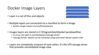 Docker Image Layers
• Layer is a set of files and objects
• Multiple layers are connected via a manifest to form a image
•...