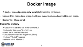 Docker Image
A docker image is a read-only template for creating containers.
• Manual: Start from a base image, build your customization and commit the new image.
• DockerFile: Use a script.
DockerFile anatomy
A “DockerFile” is a text file with docker commands, it
• Declares the “base image” to inherit from
• Copies files to the image filesystem
• Executes commands in the image to setup things
• Declares “VOLUME” mappings
• Declares ports to “EXPOSE”d.
28
 