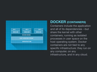 DOCKER (CONTAINERS)
Containers include the application
and all of its dependencies --but
share the kernel with other
containers, running as isolated
processes in user space on the
host operating system. Docker
containers are not tied to any
speciﬁc infrastructure: they run on
any computer, on any
infrastructure, and in any cloud.
 