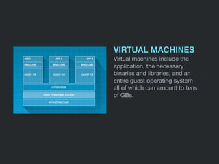 VIRTUAL MACHINES
Virtual machines include the
application, the necessary
binaries and libraries, and an
entire guest operating system --
all of which can amount to tens  
of GBs.
 