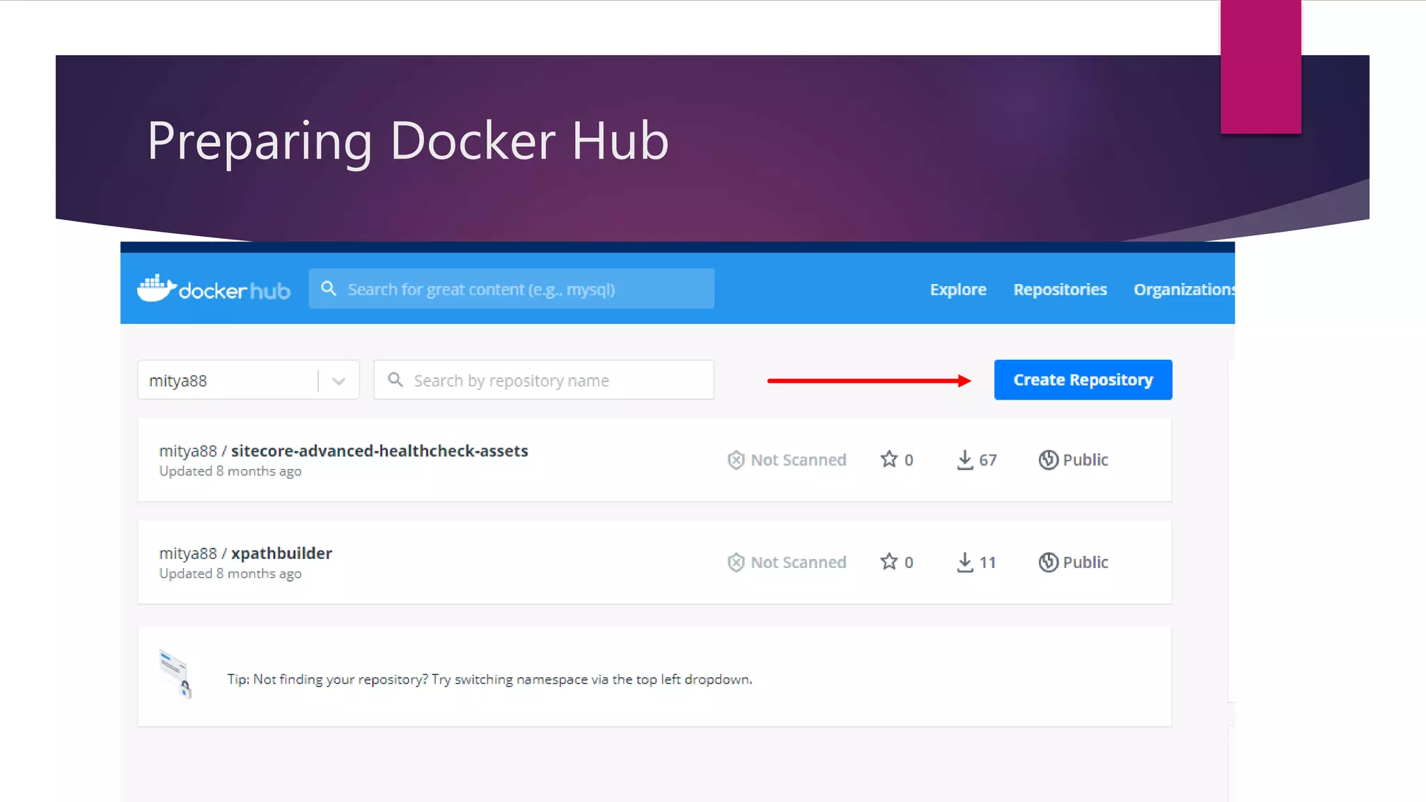 Preparing Docker Hub
 https://hub.docker.com/
 Free Plan
 1 private repository
 Unlimited public repository
 