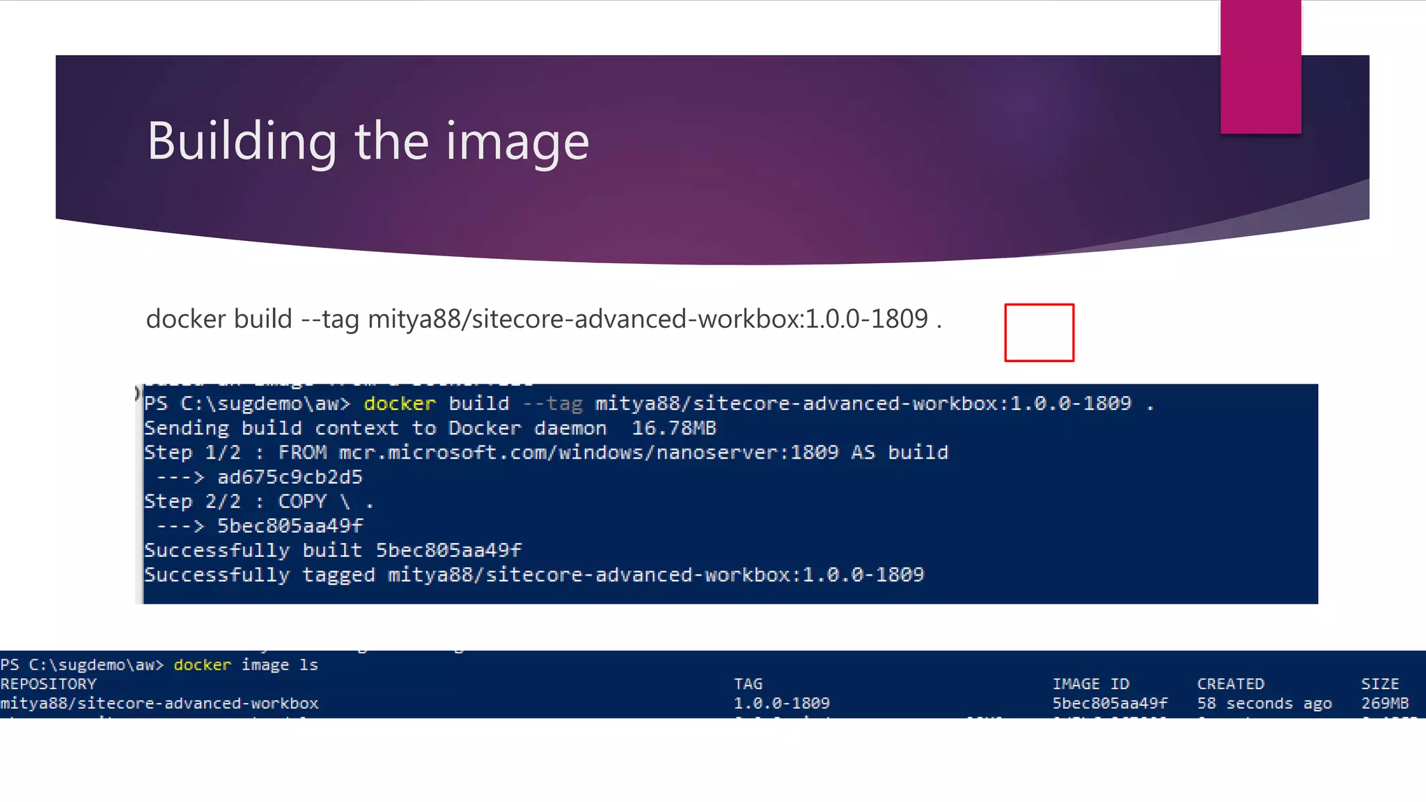 Building the image
docker build --tag mitya88/sitecore-advanced-workbox:1.0.0-1809 .
 