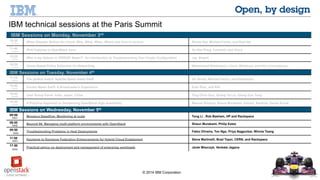 IBM technical sessions at the Paris Summit 
IBM Sessions on Monday, November 3rd 
15:20 
R.251 When Disaster Strikes the Cloud: Who, What, When, Where and How to recover Ronen Kat, Michael Factor, and Red Hat 
11:40 
A.Blue IPv6 Features in OpenStack Juno Xu Han Peng, Comcast, and Cisco 
15:20 
R252 Why is my Volume in 'ERROR' State!?! An Introduction to Troubleshooting Your Cinder Configuration Jay Bryant 
16:20 
A.Blue Group Based Policy Extension for Networking Mohammad Banikazemi, Cisco, Midokura, and One Convergence 
IBM Sessions on Tuesday. November 4th 
11:15 
R252 The perfect match: Apache Spark meets Swift Gil Vernik, Michael Factor, and Databricks 
15:40 
R242 Docker Meets Swift: A Broadcaster's Experience Eran Rom, and RAI 
16:40 
Maillot User Group Panel: India, Japan, China Ying Chun Guo, Guang Ya Liu, Qiang Guo Tong 
14:50 
Passy A Practical Approach to Dockerizing OpenStack High Availability Manuel Silveyra, Shaun Murakami, Kalonji Bankole, Daniel Krook 
IBM Sessions on Wednesday, November 5th 
09:00 
R241 Monasca DeepDive: Monitoring at scale Tong Li , Rob Basham, HP and Rackspace 
09:00 
R242 Beyond 86: Managing multi-platform environments with OpenStack Shaun Murakami, Philip Estes 
09:50 
R253 Troubleshooting Problems in Heat Deployments Fabio Oliveira, Ton Ngo, Priya Nagpurkar, Winnie Tsang 
11:50 
R251 Keystone to Keystone Federation Enhancements for Hybrid Cloud Enablement Steve Martinelli, Brad Topol, CERN, and Rackspace 
17:50 
R253 Practical advice on deployment and management of enterprise workloads Jarek Miszczyk, Venkata Jagana 
© 2014 IBM Corporation 
 