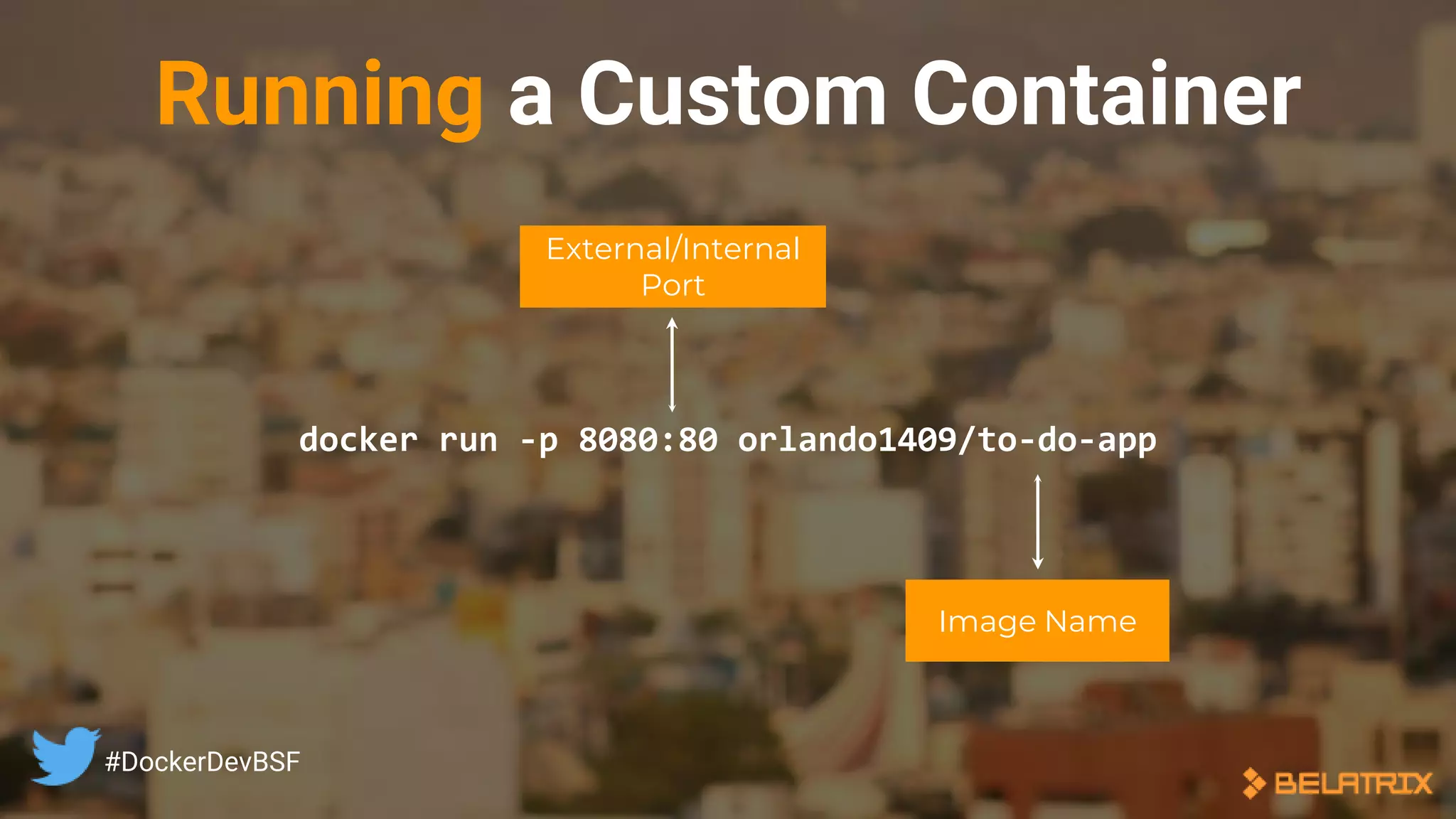 docker run -p 8080:80 orlando1409/to-do-app
External/Internal
Port
Image Name
Running a Custom Container
#DockerDevBSF
 