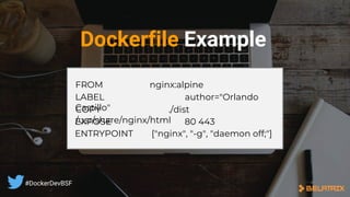 LABEL author="Orlando
Castillo"COPY ./dist
/usr/share/nginx/html
ENTRYPOINT ["nginx", "-g", "daemon off;"]
FROM nginx:alpine
EXPOSE 80 443
Dockerfile Example
#DockerDevBSF
 