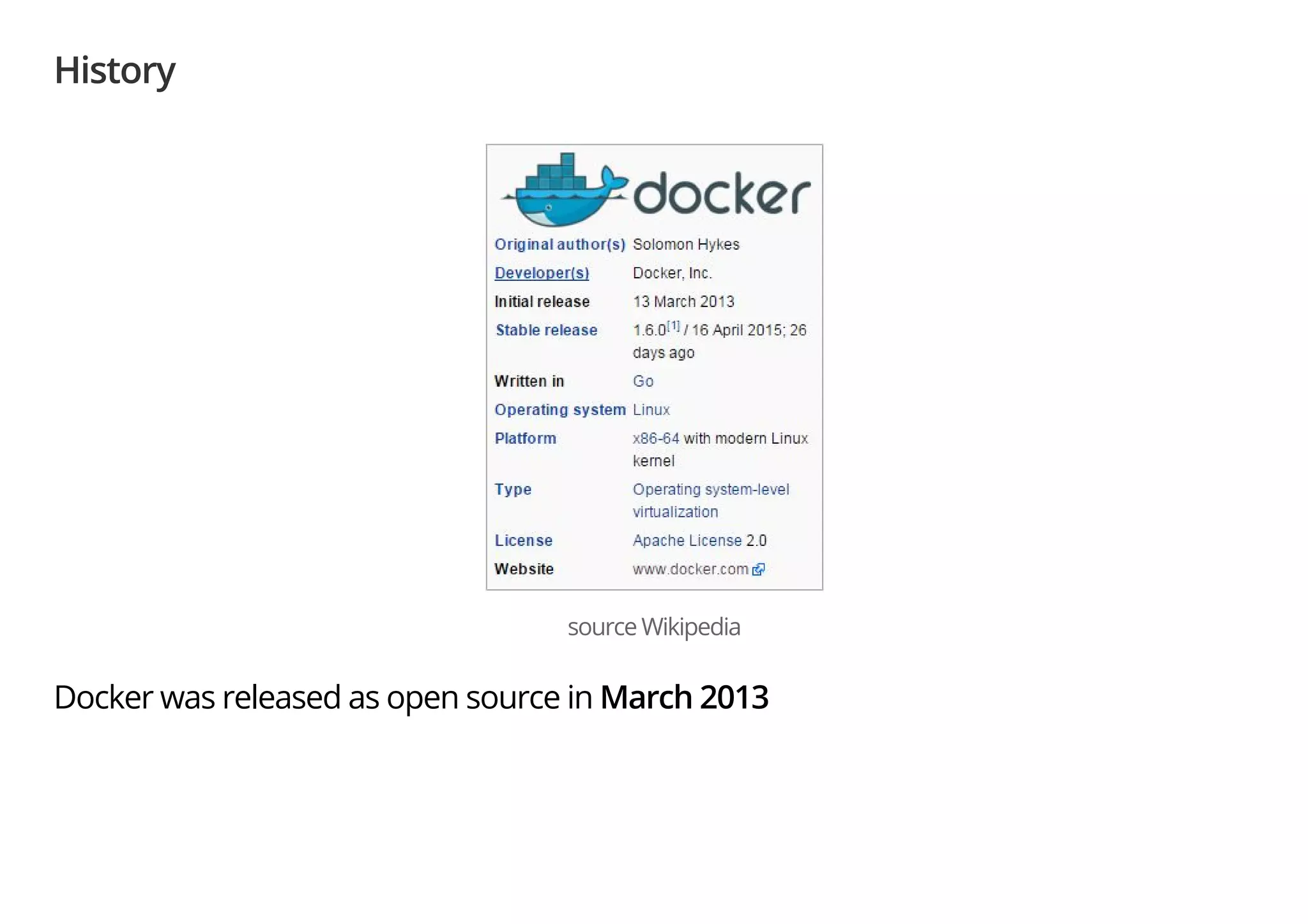 History
source Wikipedia
Docker was released as open source in March 2013
 