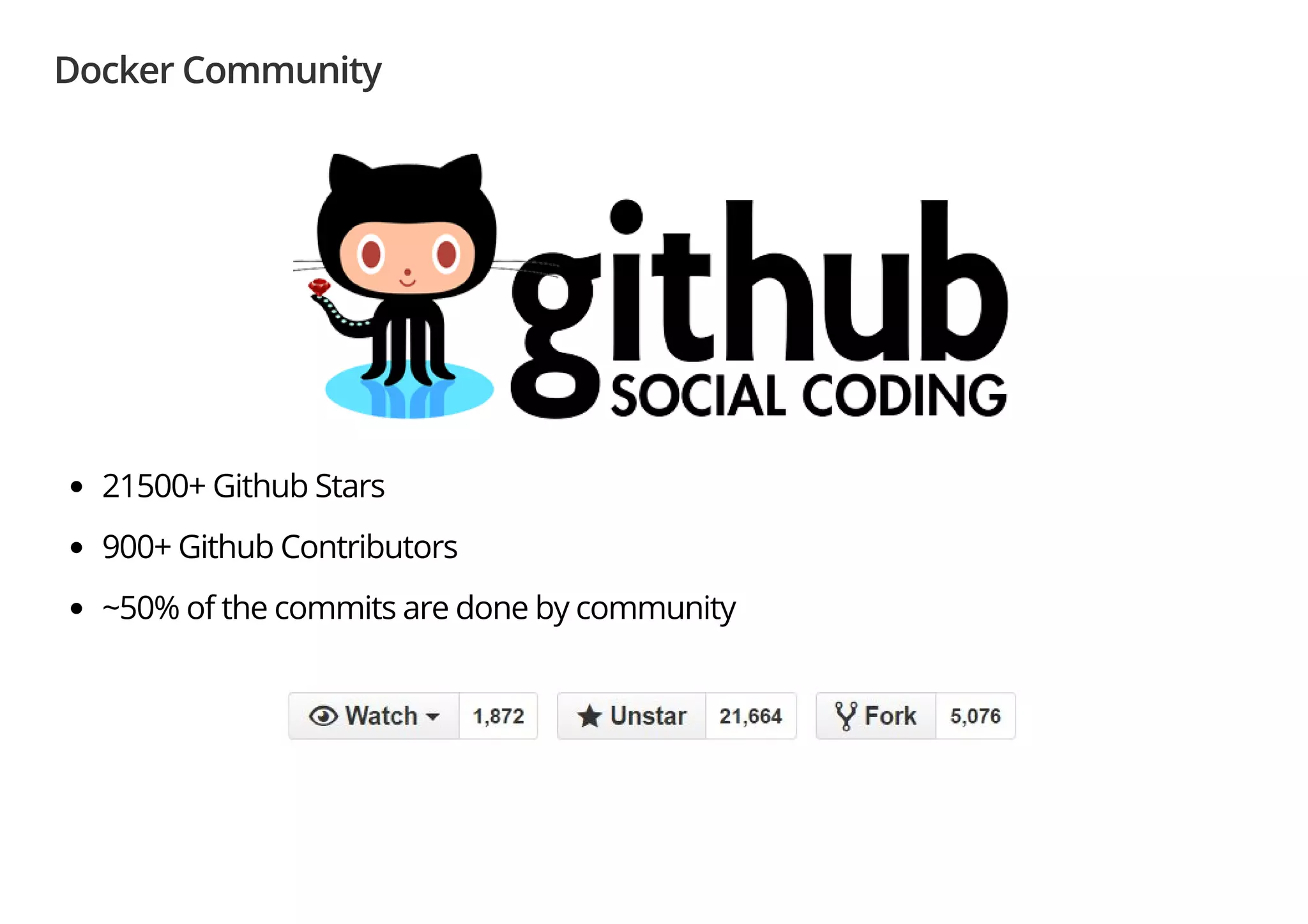Docker Community
21500+ Github Stars
900+ Github Contributors
~50% of the commits are done by community
 