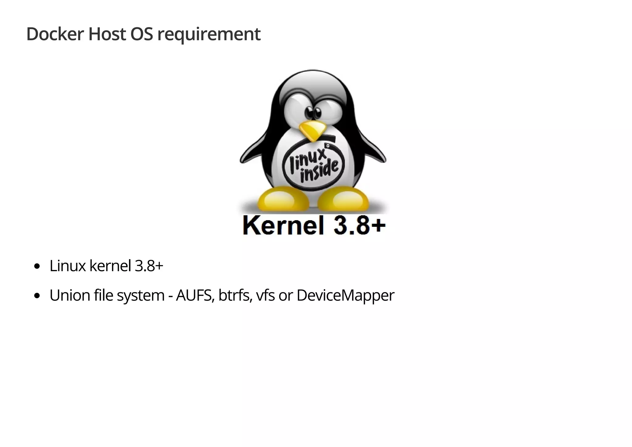 Docker Host OS requirement
Linux kernel 3.8+
Union file system - AUFS, btrfs, vfs or DeviceMapper
 