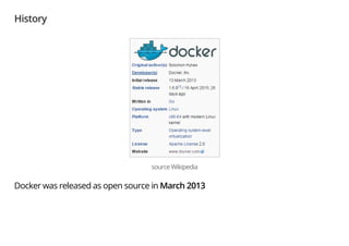 History
source Wikipedia
Docker was released as open source in March 2013
 