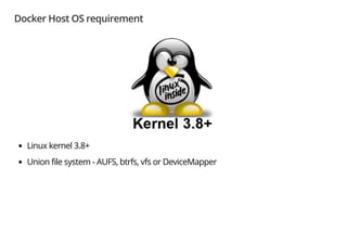 Docker Host OS requirement
Linux kernel 3.8+
Union file system - AUFS, btrfs, vfs or DeviceMapper
 