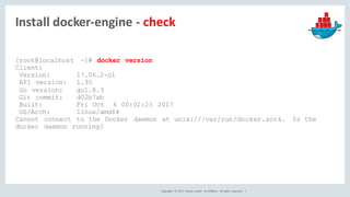 Copyright	 ©	2017, Oracle	and/or	 its	affiliates.	 All	 rights	 reserved.	 	|
Install	docker-engine	- check
[root@localhos...
