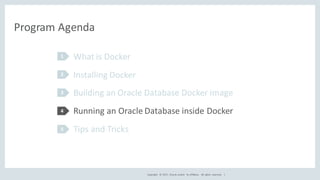 Copyright	 ©	2017, Oracle	and/or	 its	affiliates.	 All	 rights	 reserved.	 	|
Program	Agenda
What	is	Docker
Installing	Doc...