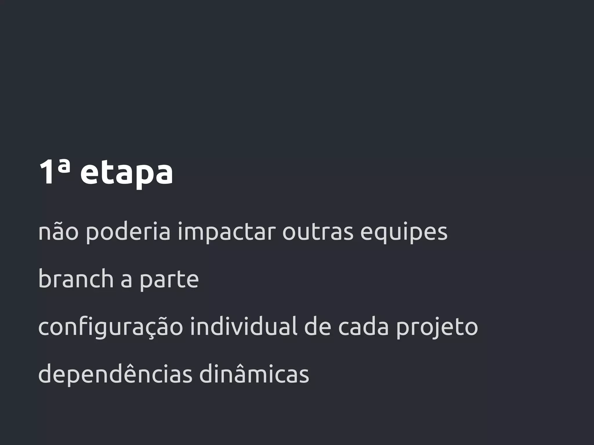 1ª etapa
não poderia impactar outras equipes
branch a parte
configuração individual de cada projeto
dependências dinâmicas
 