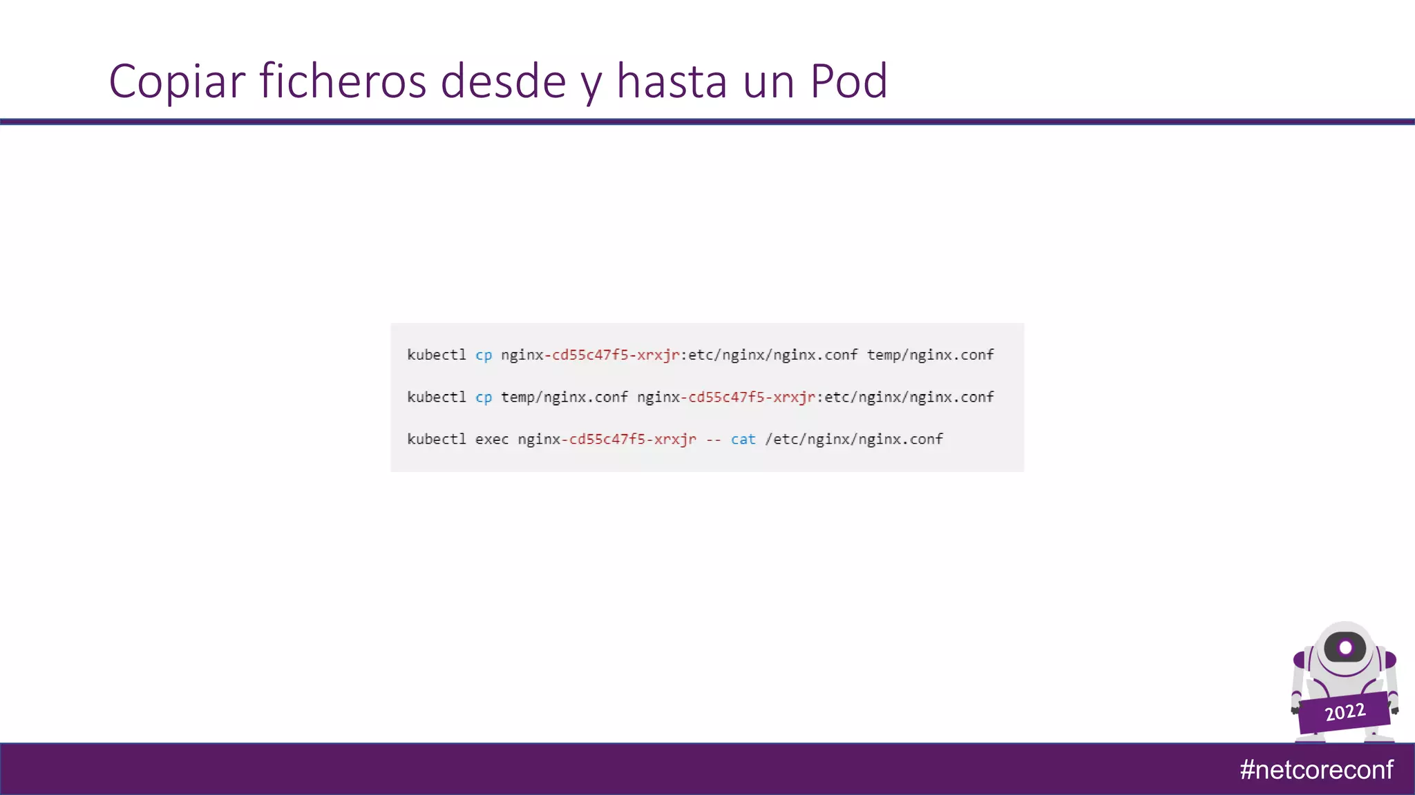 #netcoreconf
Copiar ficheros desde y hasta un Pod
 