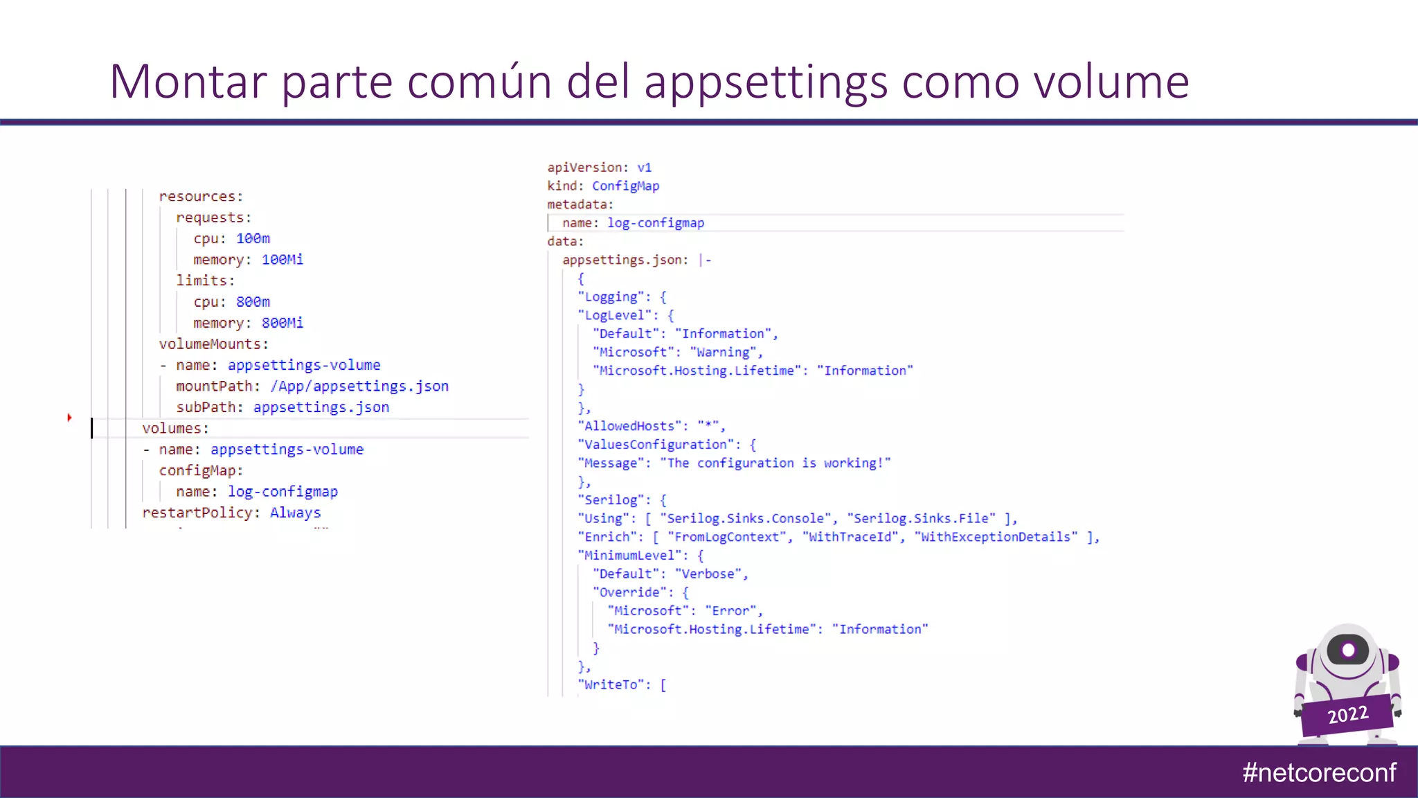 #netcoreconf
Montar parte común del appsettings como volume
 