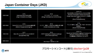 12
Copyright©2018 NTT Corp. All Rights Reserved.
Japan Container Days (JKD)
プロモーションコード(2割引) dockerjp20
 