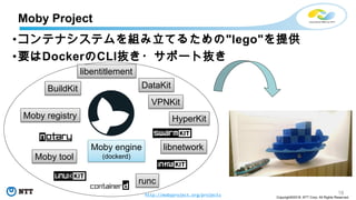 18
Copyright©2018 NTT Corp. All Rights Reserved.
Moby Project
•コンテナシステムを組み立てるための"lego"を提供
•要はDockerのCLI抜き・サポート抜き
runc
BuildKit
Moby registry
DataKit
VPNKit
HyperKit
Moby engine
(dockerd)Moby tool
libnetwork
libentitlement
http://mobyproject.org/projects
 