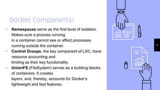 Docker Components!
▹ Namespaces serve as the first level of isolation.
Makes sure a process running
in a container cannot see or affect processes
running outside the container.
▹ Control Groups, the key component of LXC, have
resource accounting and
limiting as their key functionality.
▹ UnionFS (FileSystem) serves as a building blocks
of containers. It creates
layers, and, thereby, accounts for Docker’s
lightweight and fast features.
13
 