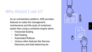 Why should I use it?
As an orchestration platform, K8S provides
features to make the management,
maintenance and life-cycle of containers
easier than using a container-engine alone.
▹ Horizontal Scaling
▹ Self Healing
▹ Automated Rollouts
▹ Various other features like Service
Discovery and load balancing etc.
24
 