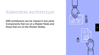 Kubernetes Architecture
K8S architecture can be viewed in two parts:
Components that run on a Master Node and
those that run on the Worker Nodes. 40
 